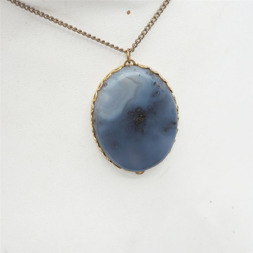 Vintage Statement Necklace Pendant Polished Blue Stone Gold Tone 18 Inch Chain